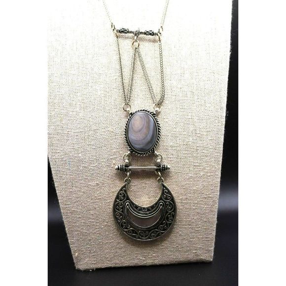 Long Silver Tone Faux Abalone Glass Stone Pendant Multi Tier Statement Necklace - Picture 4 of 5